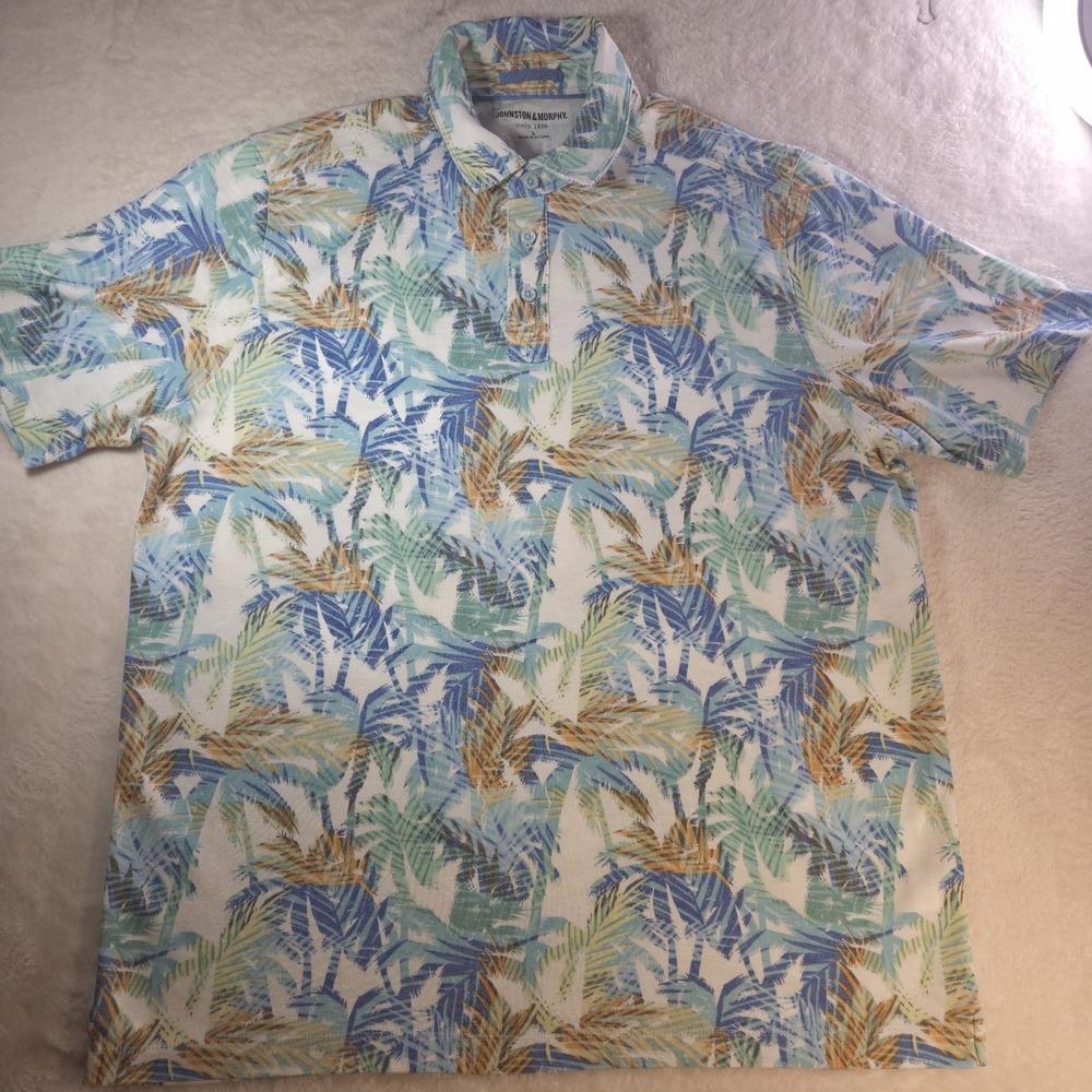 Johnston & Murphy Mens Large Polo Shirt Tropical Palm Tree Short Sleeve Blue - Picture 2 of 8